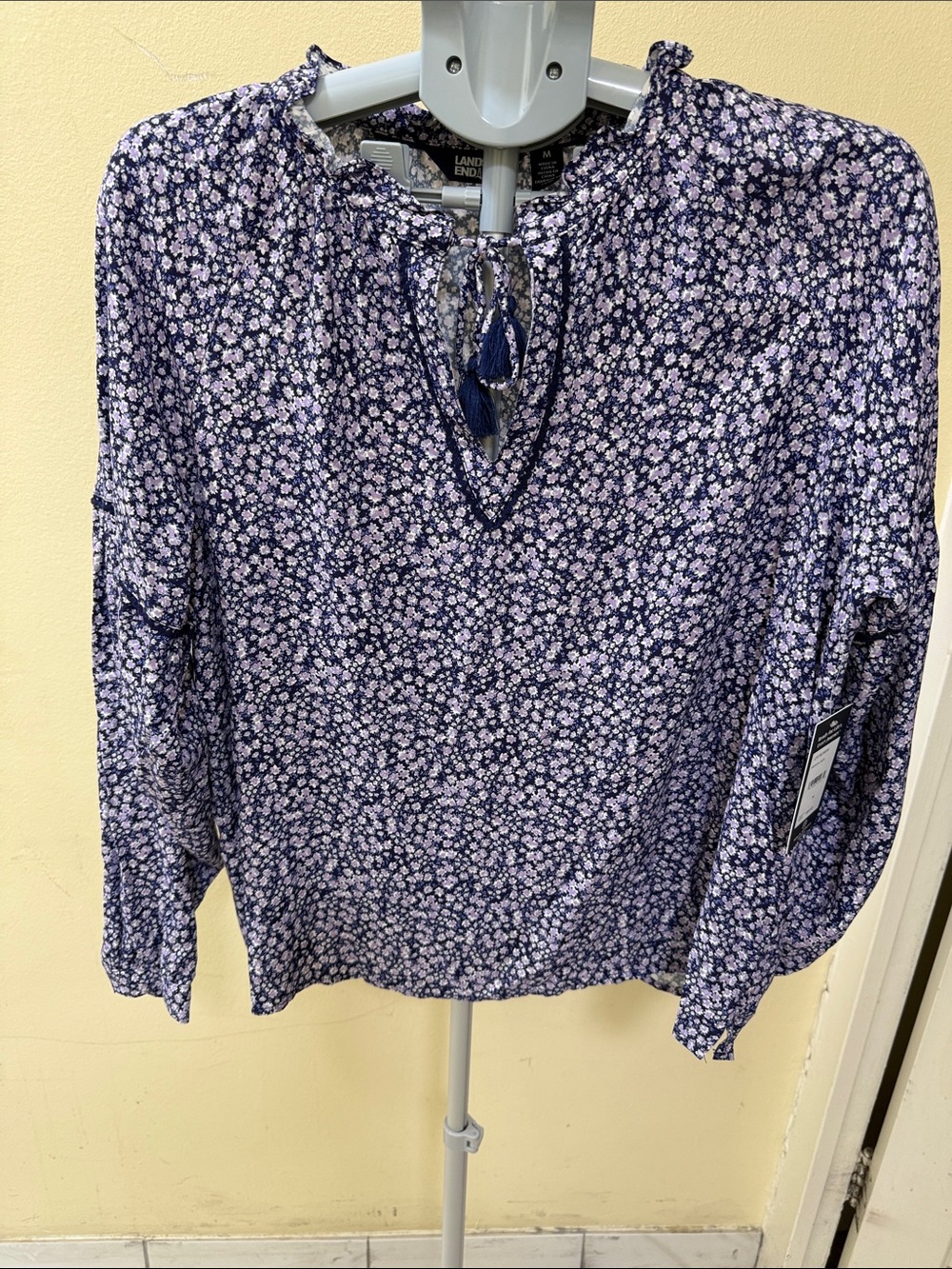 Lands' End Navy Floral Tassel Tie-Neck Blouse